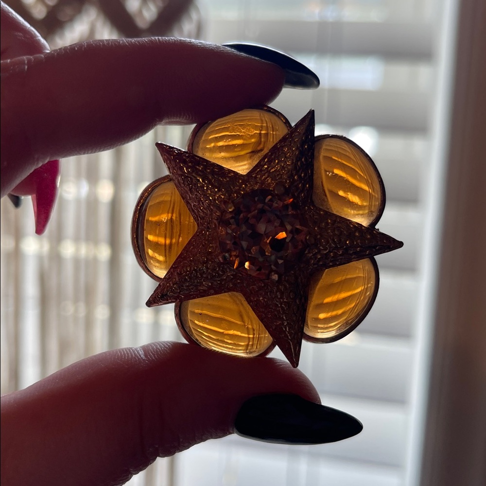 *RARE* Vintage Benedikt NY Amber Colored Glass Cabochon Star Brooch - Picture 11 of 11